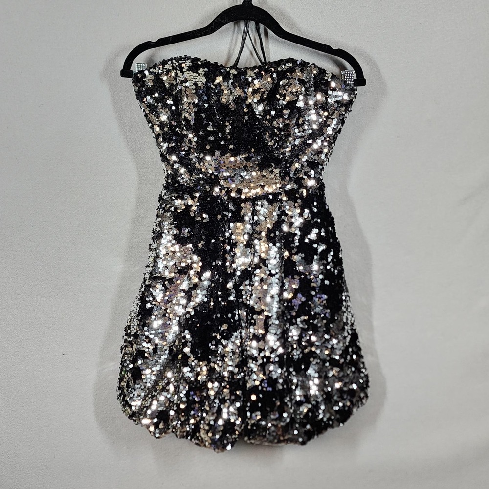 Mori Lee Madeline Gardner Dress Womens 3/4‎ Black Sequin Strapless Mini Cocktail